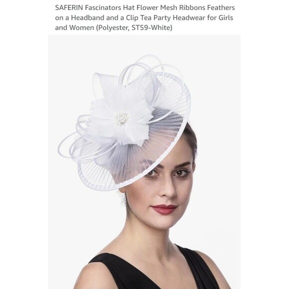 Stylish Costume Hat Flower Mesh Ribbons Feathers on a Headband and a Clip - Rose - Picture 4 of 5